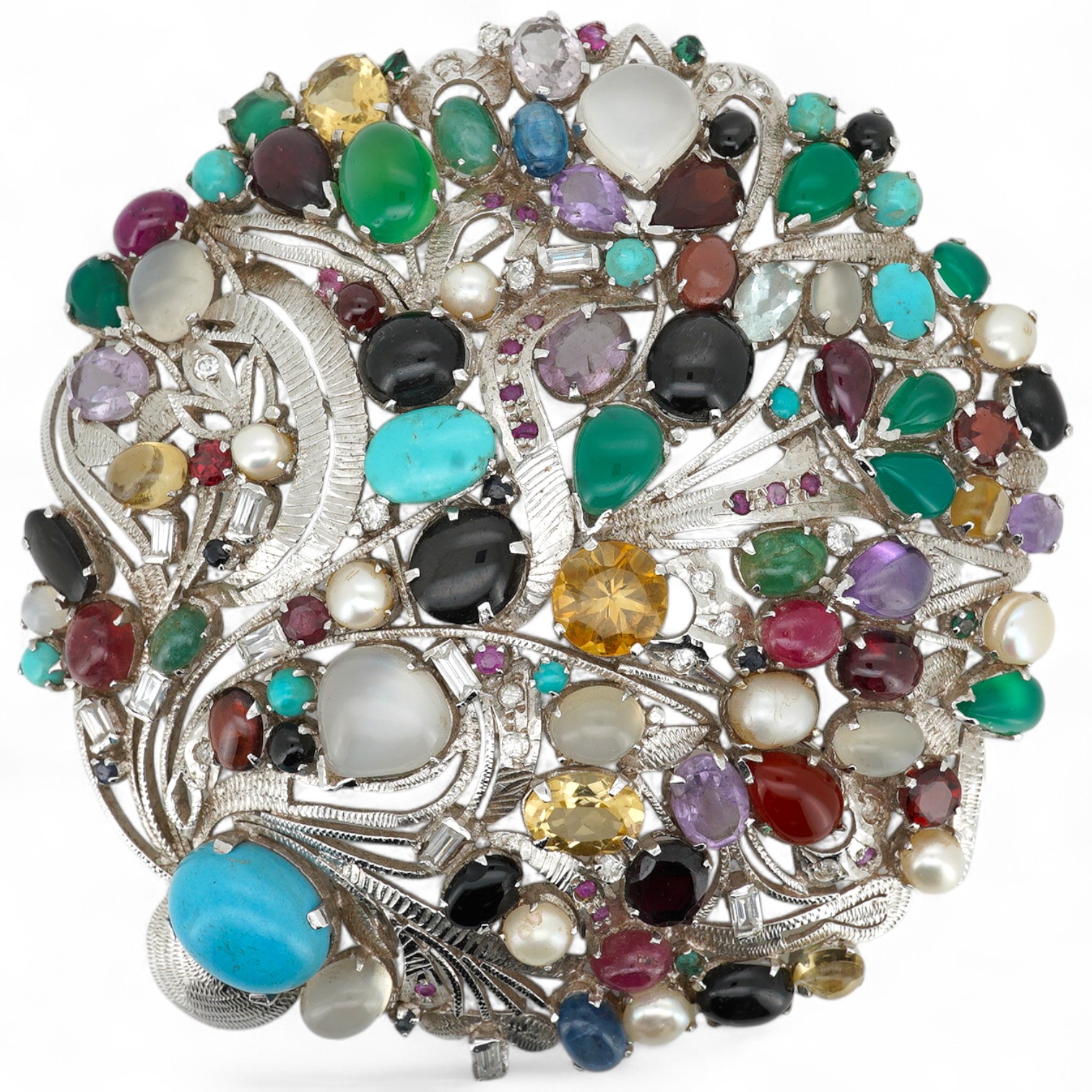 A large recent white metal (stamped 92.5) and multi gen set circular brooch, 89mm.